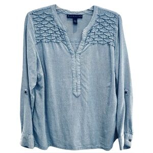 Bandolino Size Large Moody Blue Trinity Roll Tab Long Sleeve Viscose Beaded Top